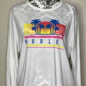 HURLEY WOMEN WHITE CREWNECK GRAPHIC T-SHIRT LONG SLEEVE CROP TOP *SIZE LARGE